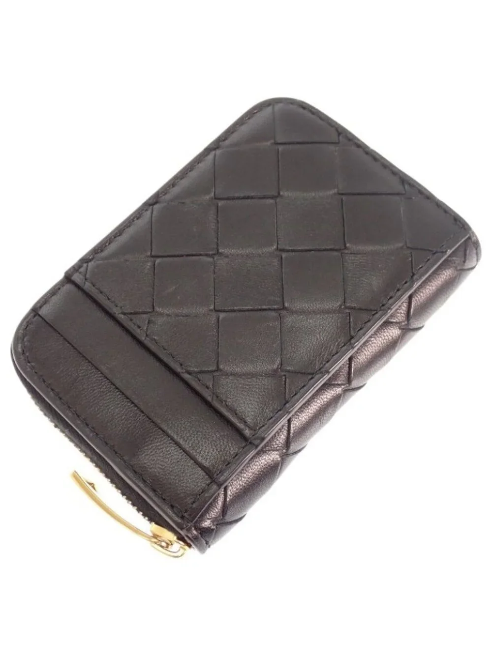 Bottega Veneta Tiny Zip Around Card Slot Coin Purse Lambskin Black Gold